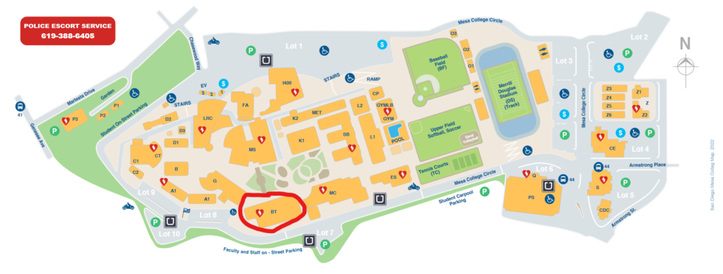 Map of Mesa College. With BT circled.